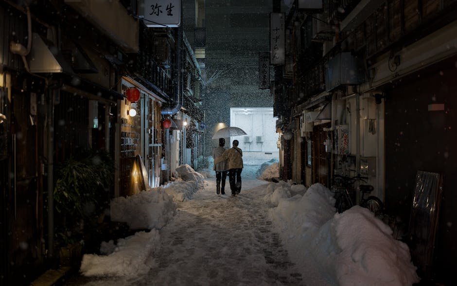 Couple walking under an umbrella in a snow-covered