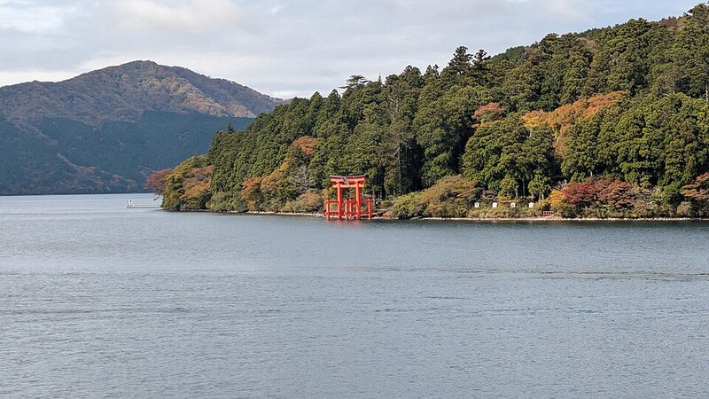 A view of Lake Ashi with Peace Torii gate, Hakone, Japan
