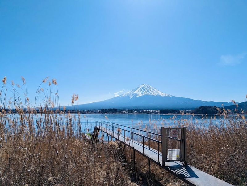 Beautiful clear day view of Mount Fuji from Lake Kawaguchi with a pier in the foreground.