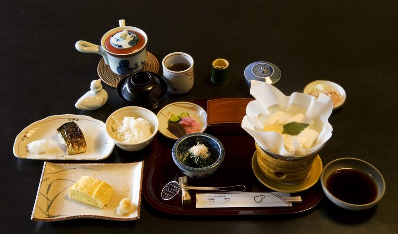 Traditional Japanese breakfast dishes at a Kyoto ryokan