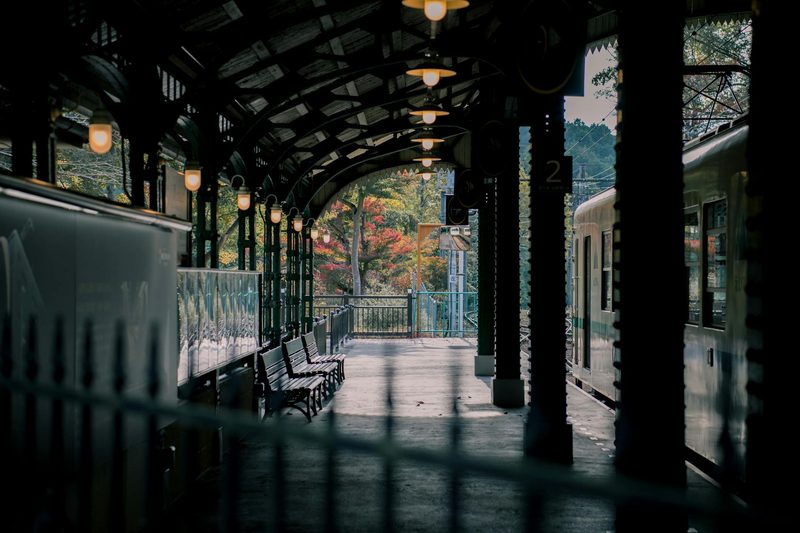 Empty train station in Japan surrounded by autumn foliage