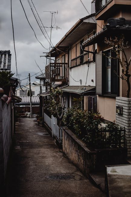 Moody alleyway in Kyoto with traditional houses and lush plants, capturing urban Japanese architecture.