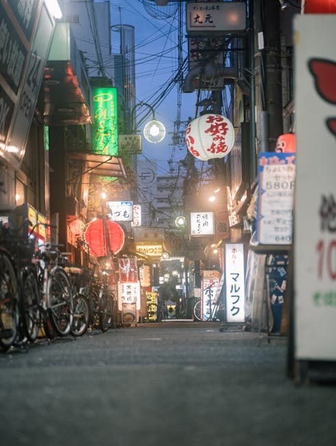 Experience the vibrant nightlife of Osaka's alleyways, filled with neon lights and urban energy.
