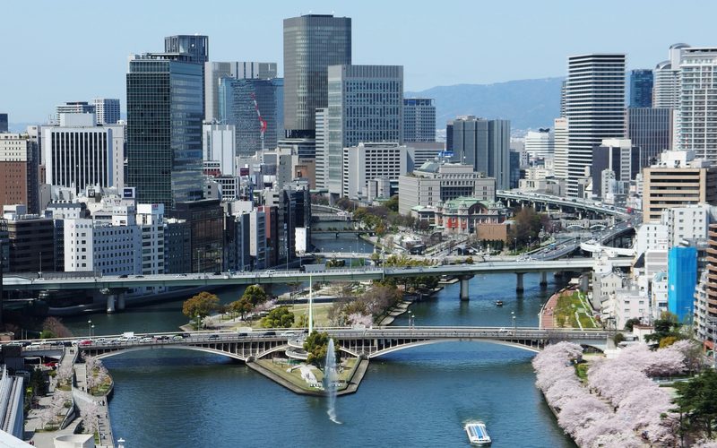 Nakanoshima skyscrapers and river in Osaka