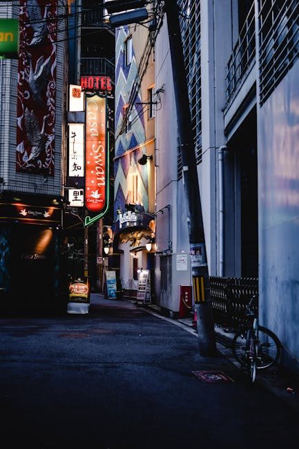 Discover the vibrant colors and urban charm of an Osaka alley illuminated by neon signs at night.
