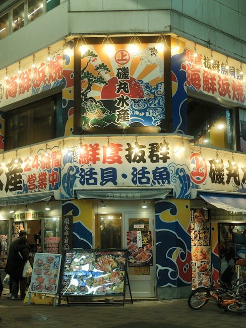 Colorful exterior of seafood restaurant in Osaka, Japan, captured under night lights.
