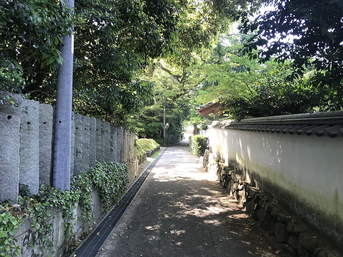 Scenic view of the countryside near Oyamazumi Shrine on Omishima Island with green trees and traditional buildings
