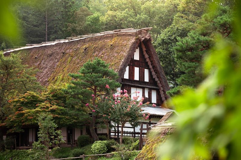 Traditional Gassho-Zukuri house surrounded by lush greenery in Takayama, Japan.