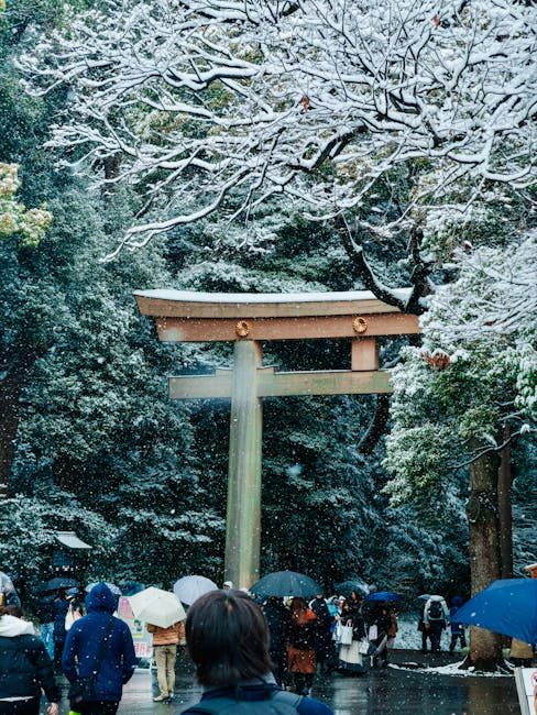 People walking under a snow-covered torii gate at Meiji Shrine, Tokyo.
