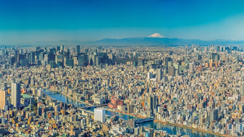 Panoramic view of Tokyo cityscape with Mount Fuji in the distance.