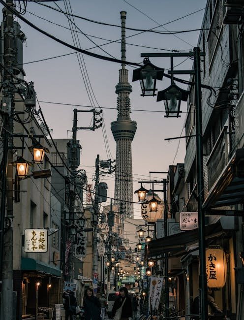 Street view in Sumida City, Tokyo with the iconic Tokyo Skytree at twilight featuring power lines and traditional architecture.