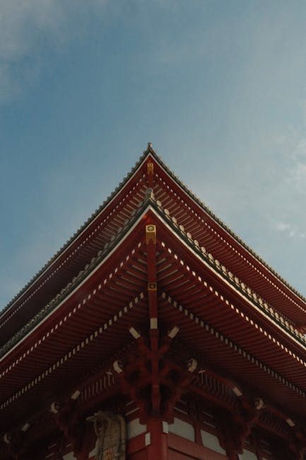 Detailed view of Senso-ji Temple roof in Taito City, Tokyo, featuring classic Japanese architecture under a clear sky.