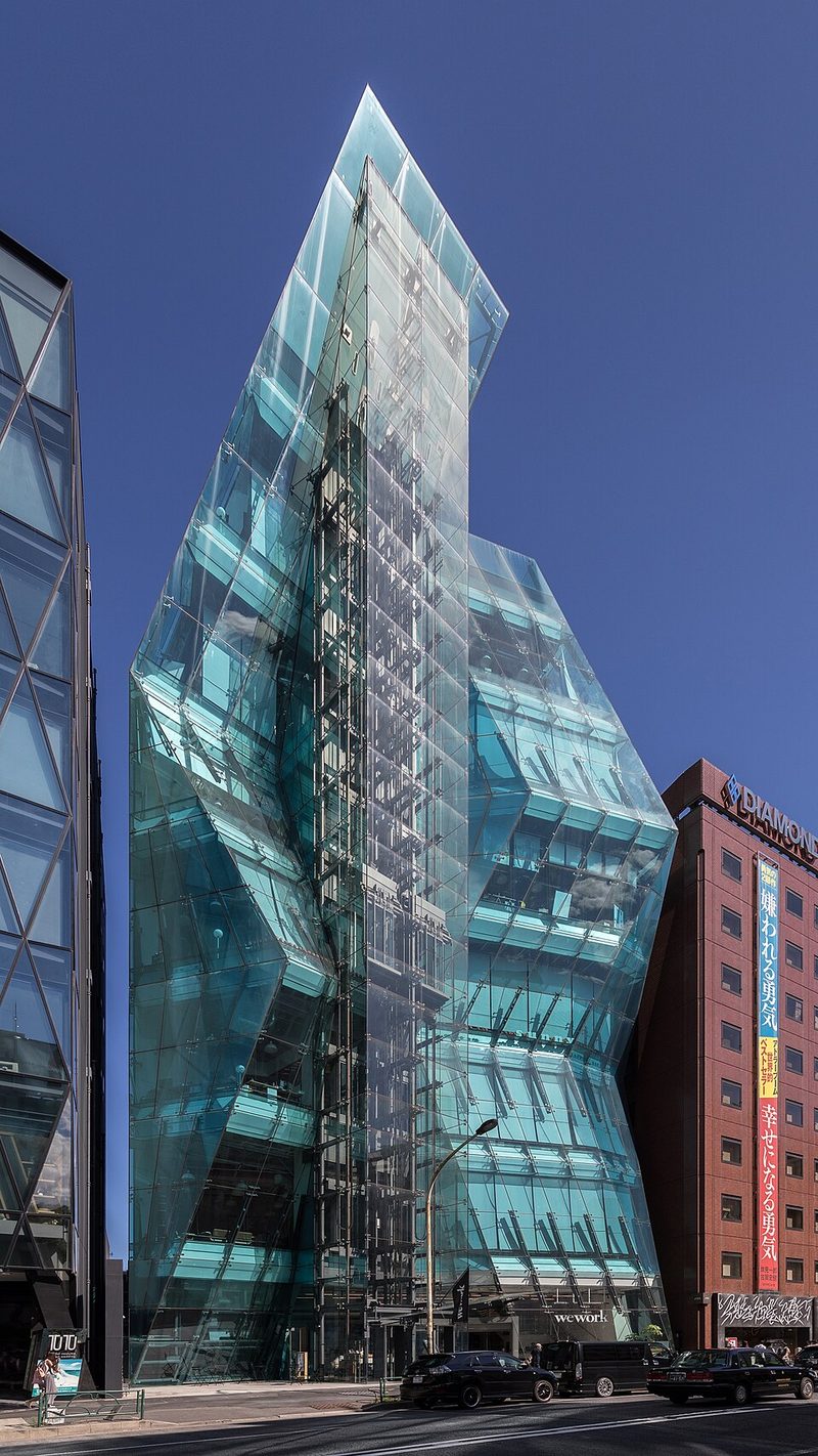 Facade of the polyhedral glass building 