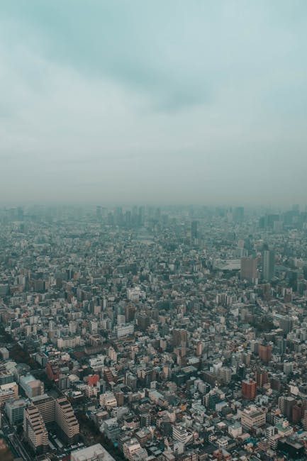 Sweeping aerial shot capturing the expansive urban landscape of Tokyo enveloped in soft fog.