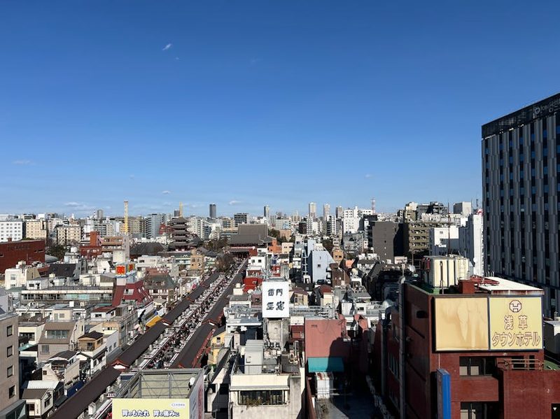 Stunning aerial view of Asakusa in Taito City, Tokyo, Japan under a clear blue sky.