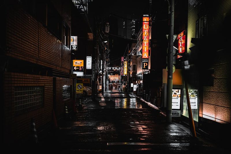 A dark, wet alley in Tokyo, Japan, illuminated by colorful signs at night.
