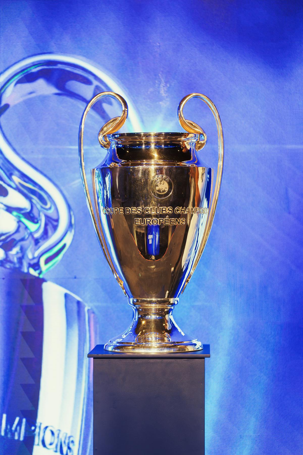 UEFA Champions League trophy displayed on a pedestal