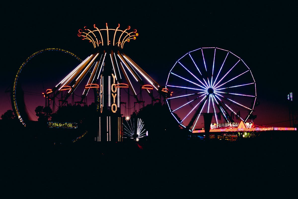 Colorful amusement park rides illuminated against a night sky