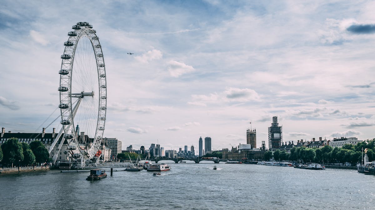 The London Eye on a bright sunny day along the Thames