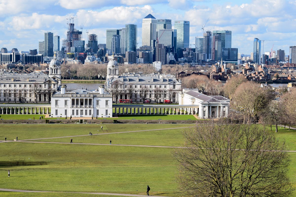 Greenwich Park with Canary Wharf skyline in the background