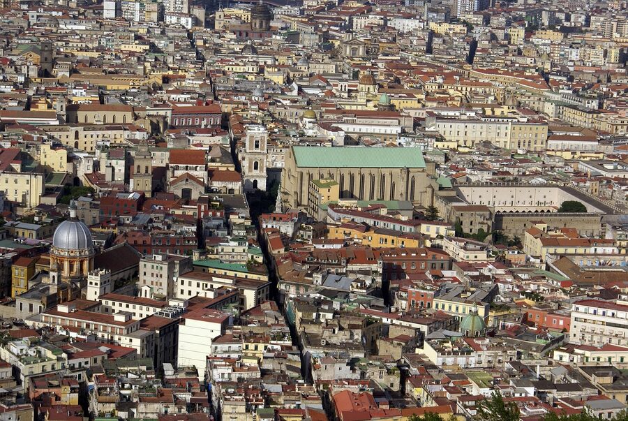 Aerial view of Spaccanapoli street in Naples showing Santa Chiara and the historic centre