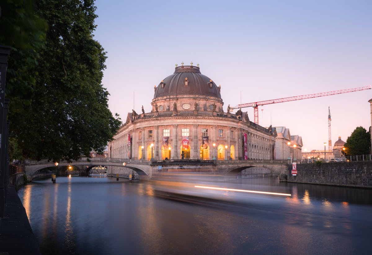 Bode Museum at twilight with reflections