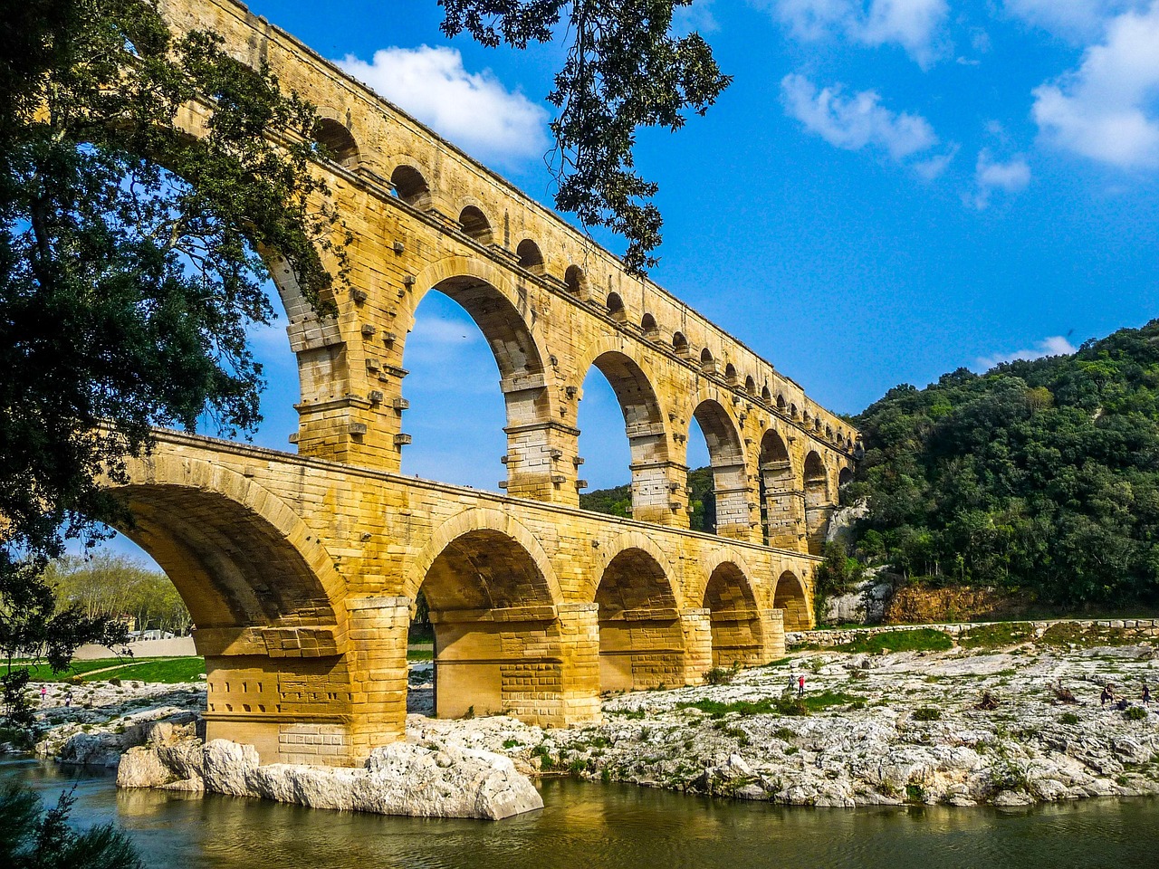 Pont du Gard Roman aqueduct bridge in southern France surrounded by nature