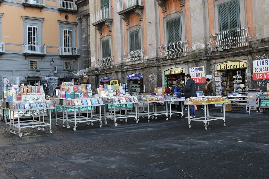 Street-facing bookstore in the old city of Naples Italy
