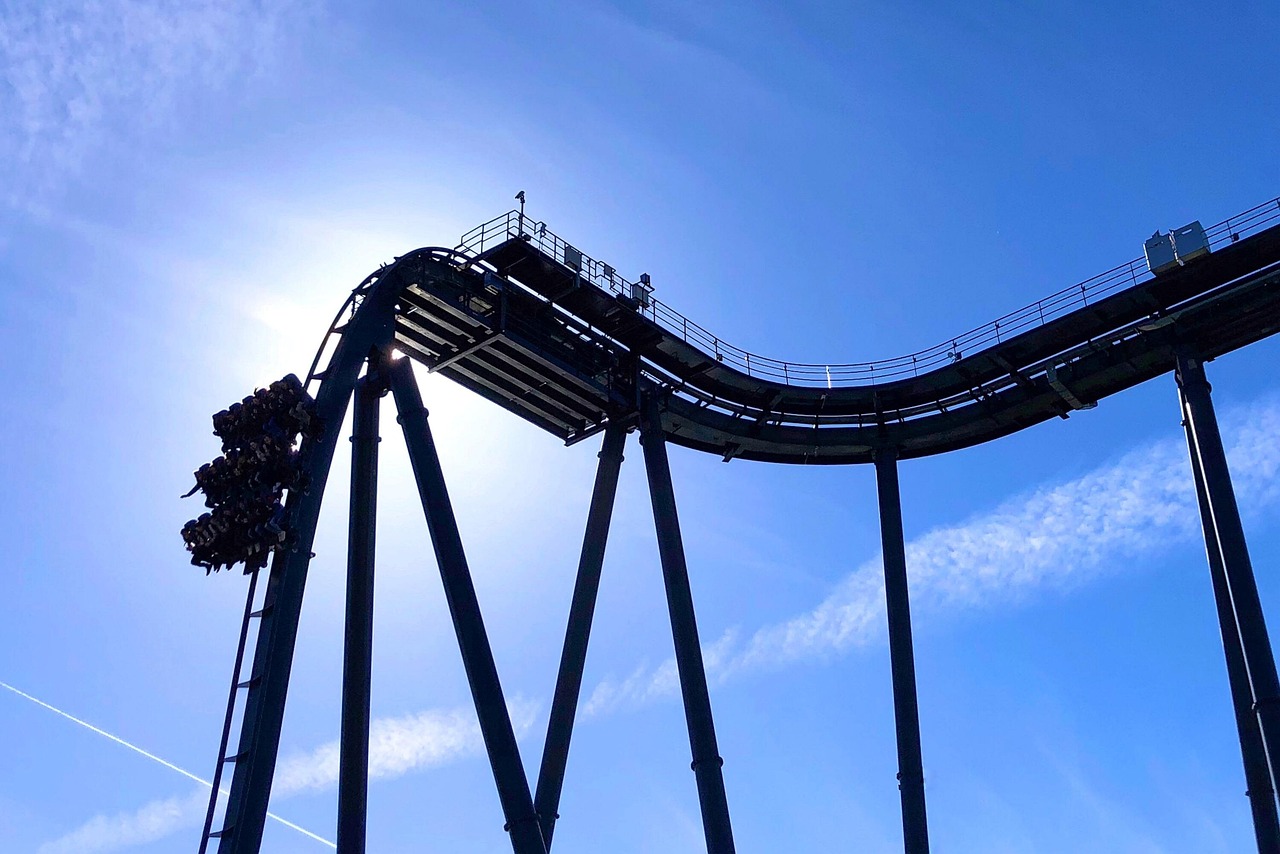 Roller coaster at Heide Park illuminated in the evening with lights
