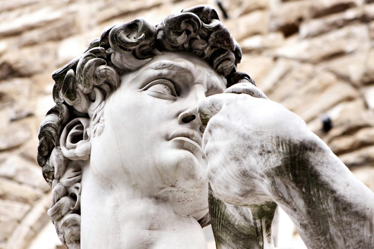 Close-up detail of Michelangelo David sculpture in Florence Italy