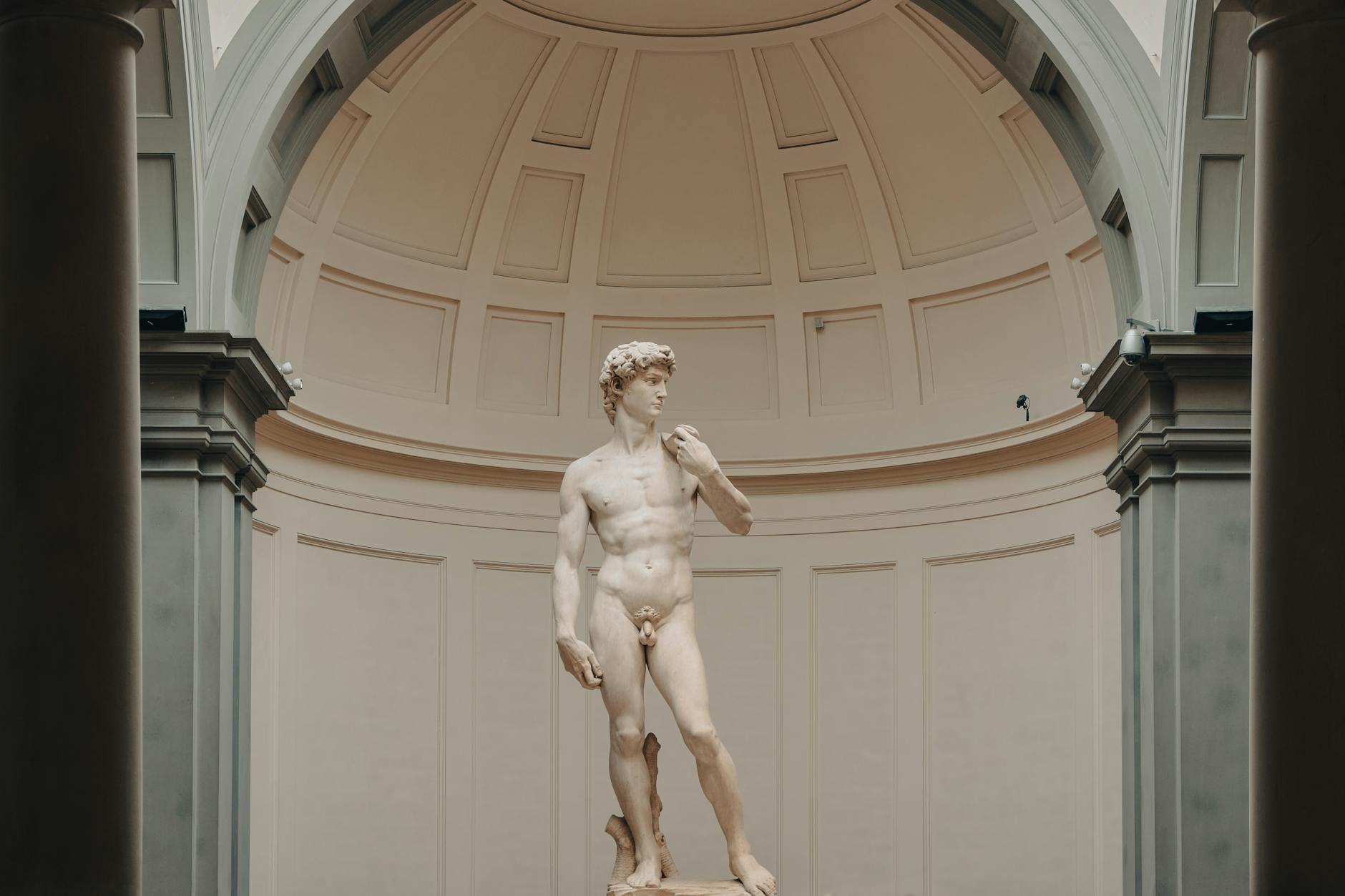 Michelangelo David sculpture displayed in gallery setting Florence Italy