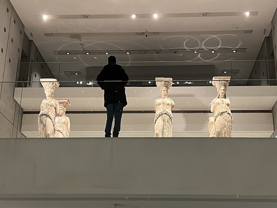 Real Erechtheion caryatids in Acropolis Museum