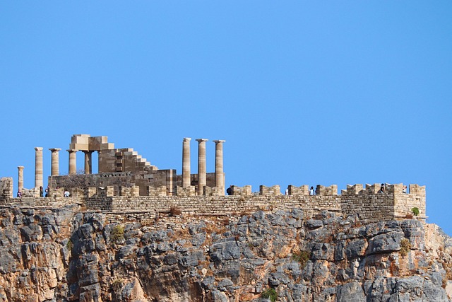 Fortified walls of the Lindos Acropolis perched on the cliff