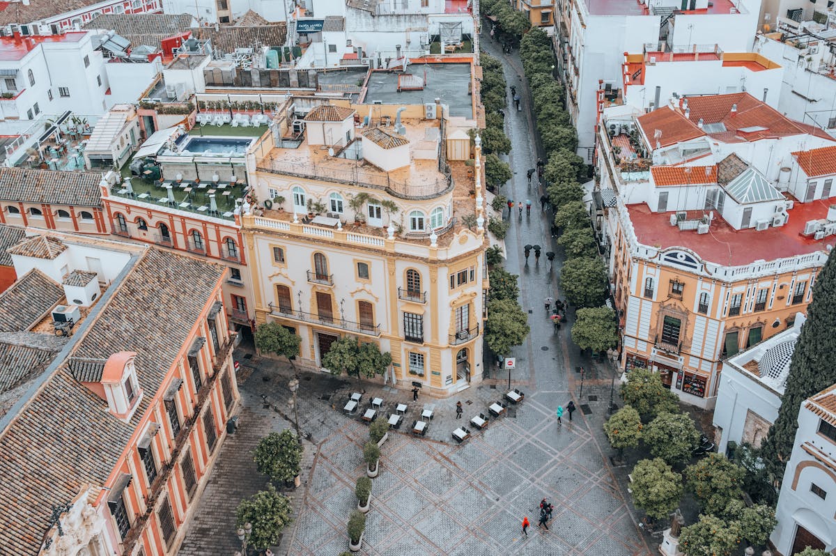 Aerial view of Seville historic cityscape featuring unique architecture and traditional rooftops