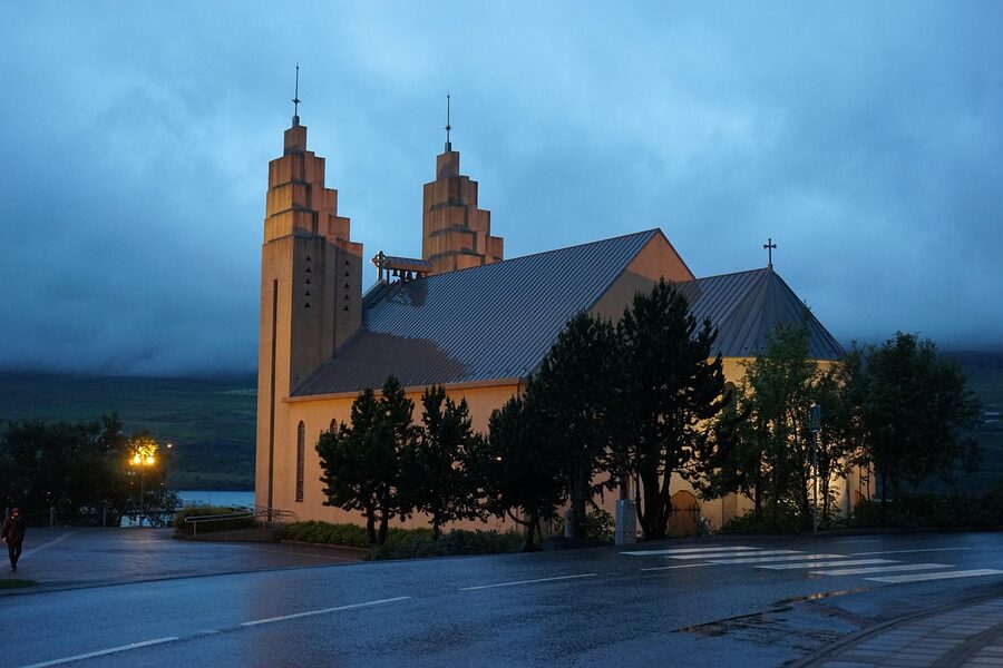 Akureyri church illuminated evening Iceland