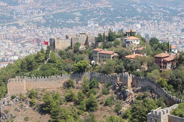 Alanya old town and castle ruins seen from the coast