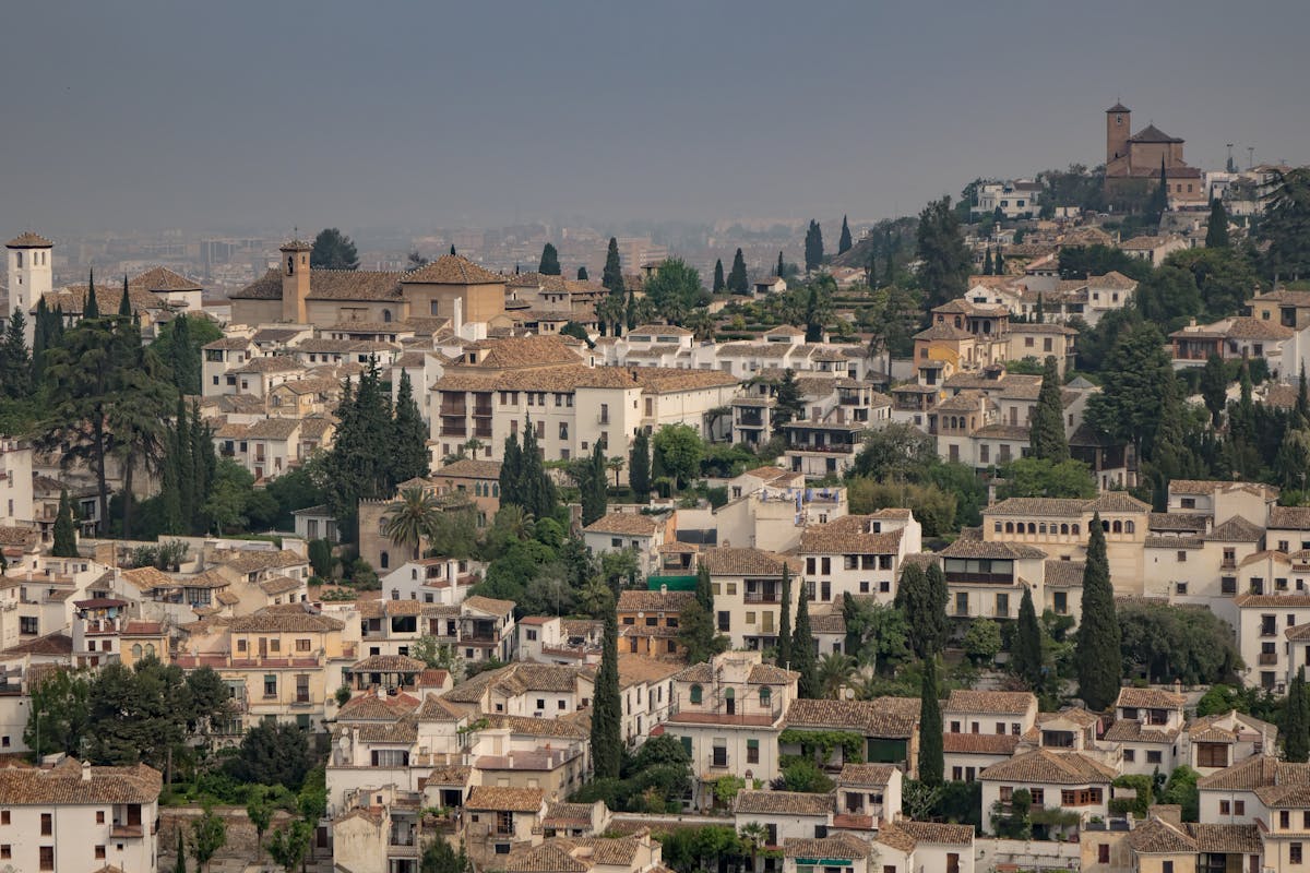 Panoramic view of the whitewashed houses of the Albaicin quarter in Granada, Spain