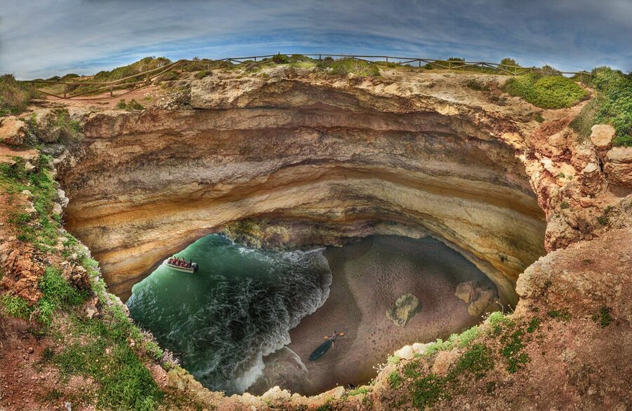 Aerial view of the Benagil Cave dome opening from above