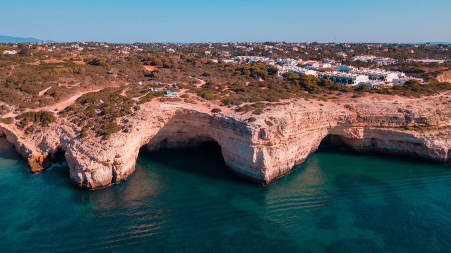 Aerial view of Benagil Cave and surrounding coastal cliffs