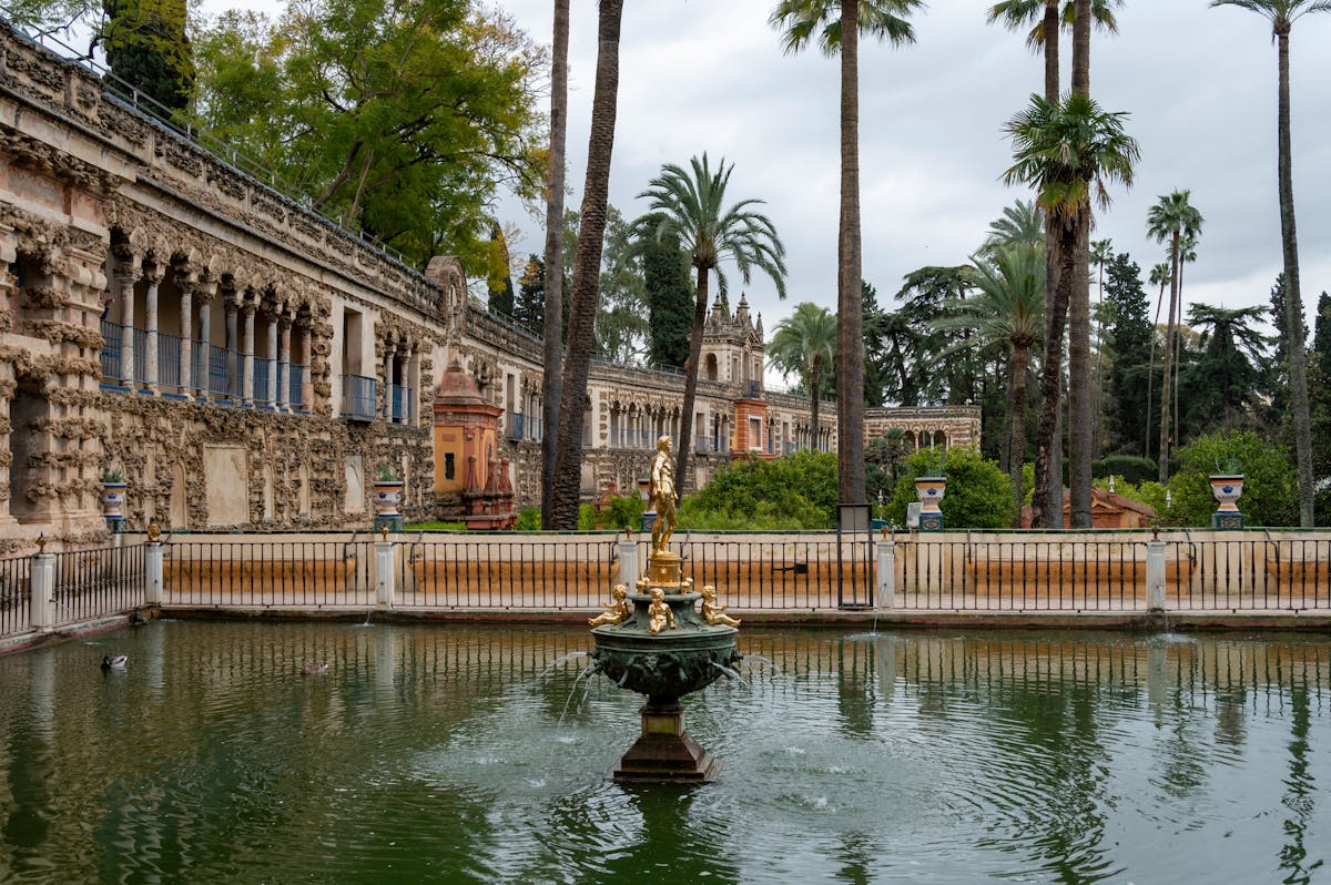 Lush gardens and architecture at the Alcazar of Seville