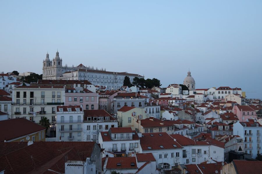 Alfama district rooftops at dusk, Lisbon