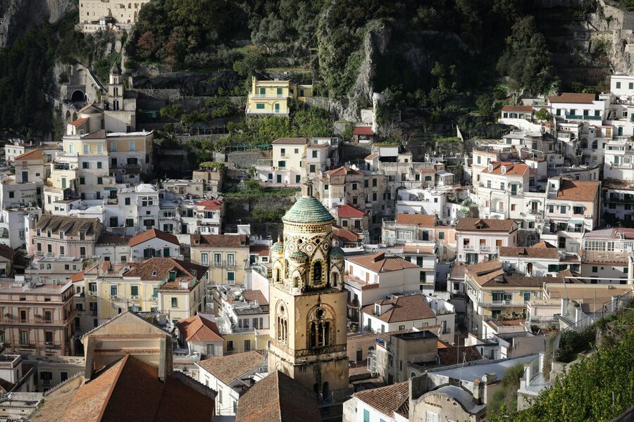 Amalfi Cathedral with its distinctive striped facade and grand staircase
