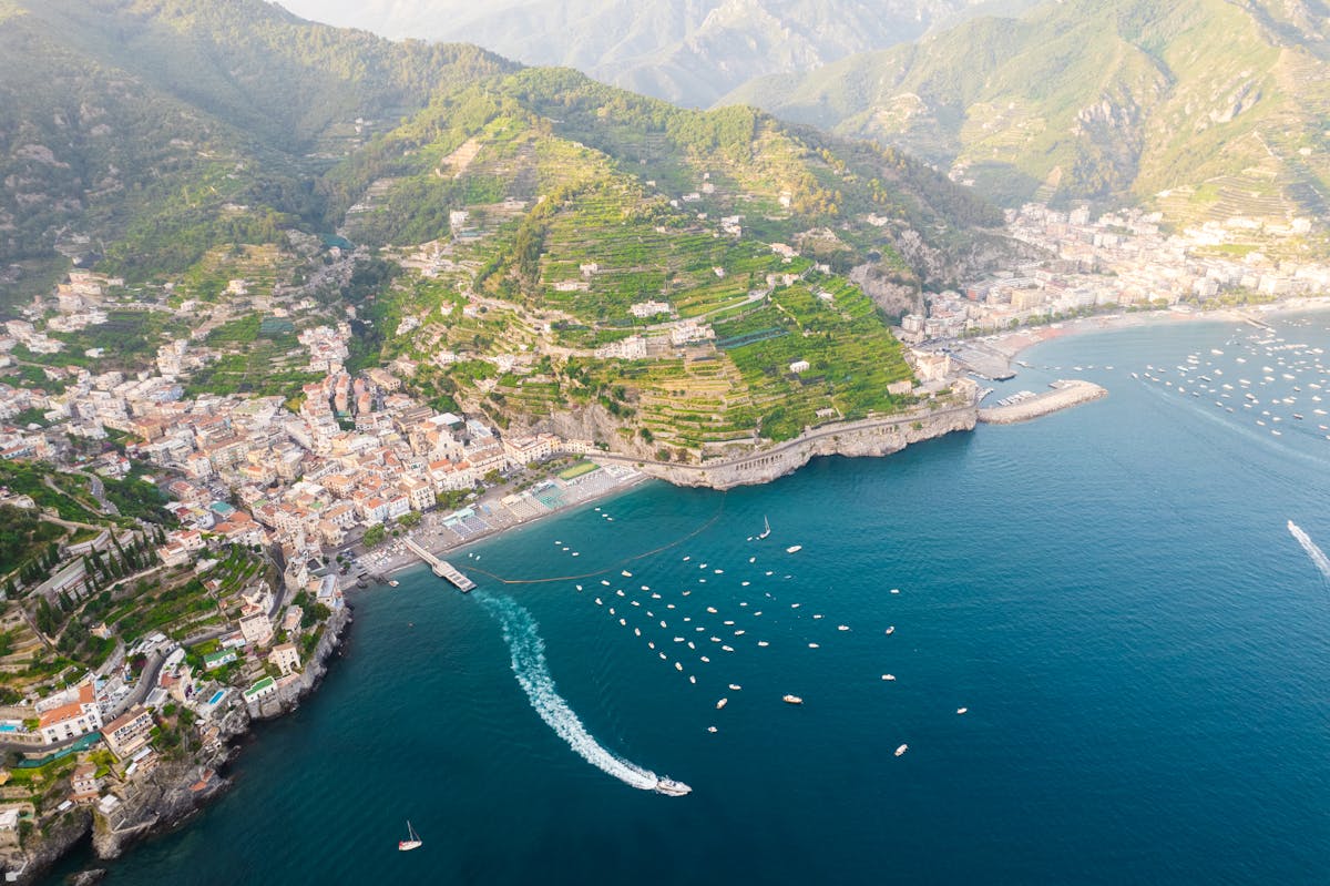 Aerial view of the Amalfi Coast showing the dramatic coastline and blue sea
