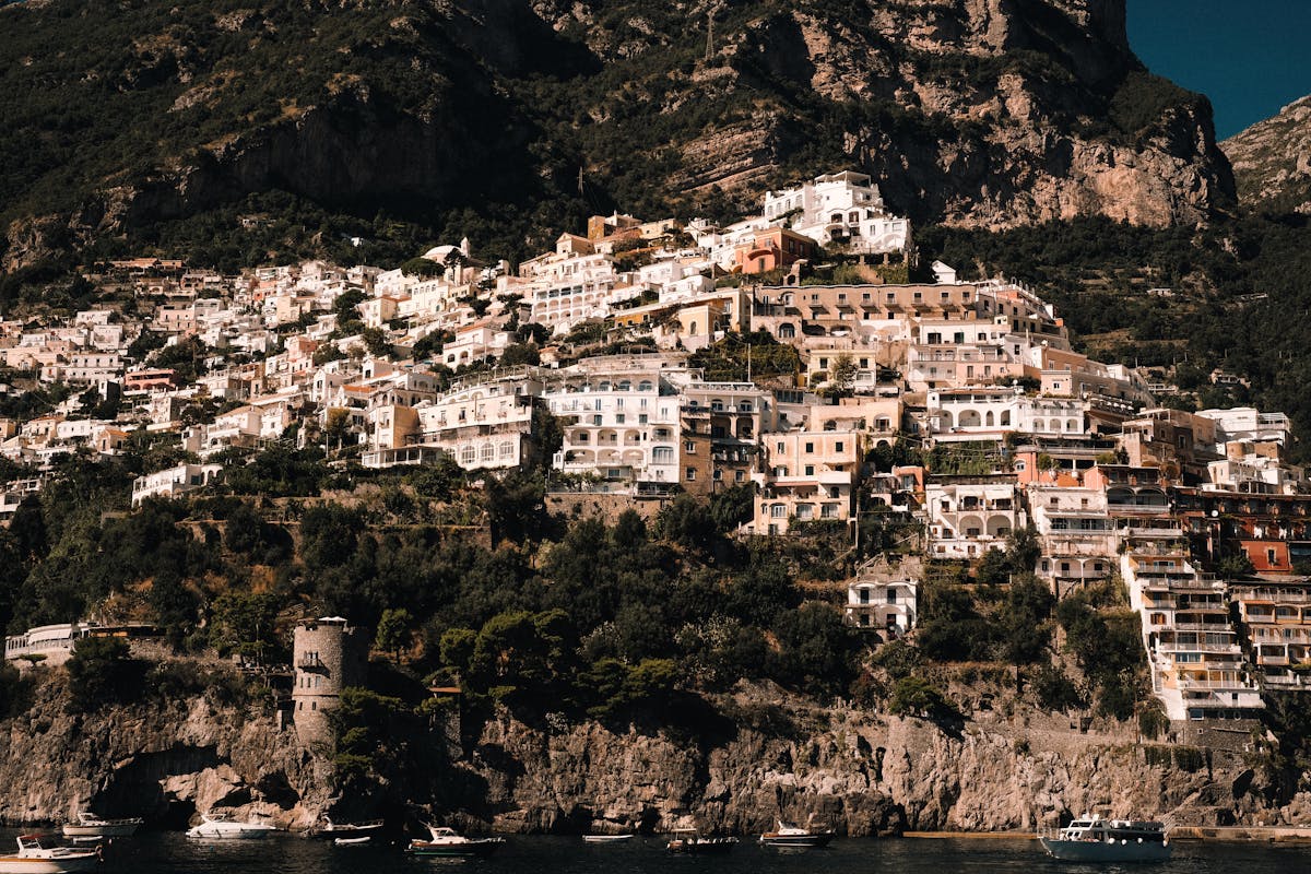 Buildings perched on steep cliffs along the Amalfi Coast