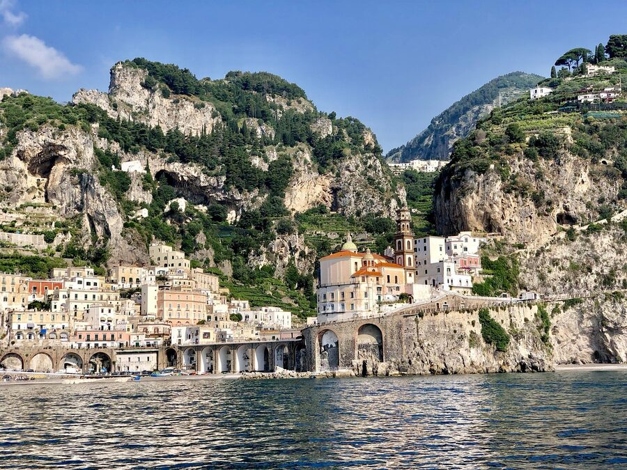 Panoramic view of the Amalfi Coast with cliffs and sea stretching into the distance