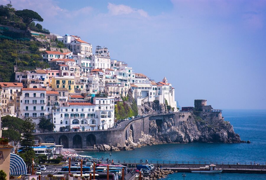 Winding road along the Amalfi Coast with cliffs dropping to the sea