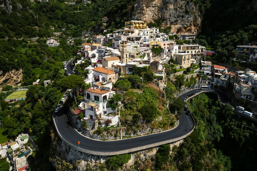 Scenic view of the Amalfi Coast road with Mediterranean views