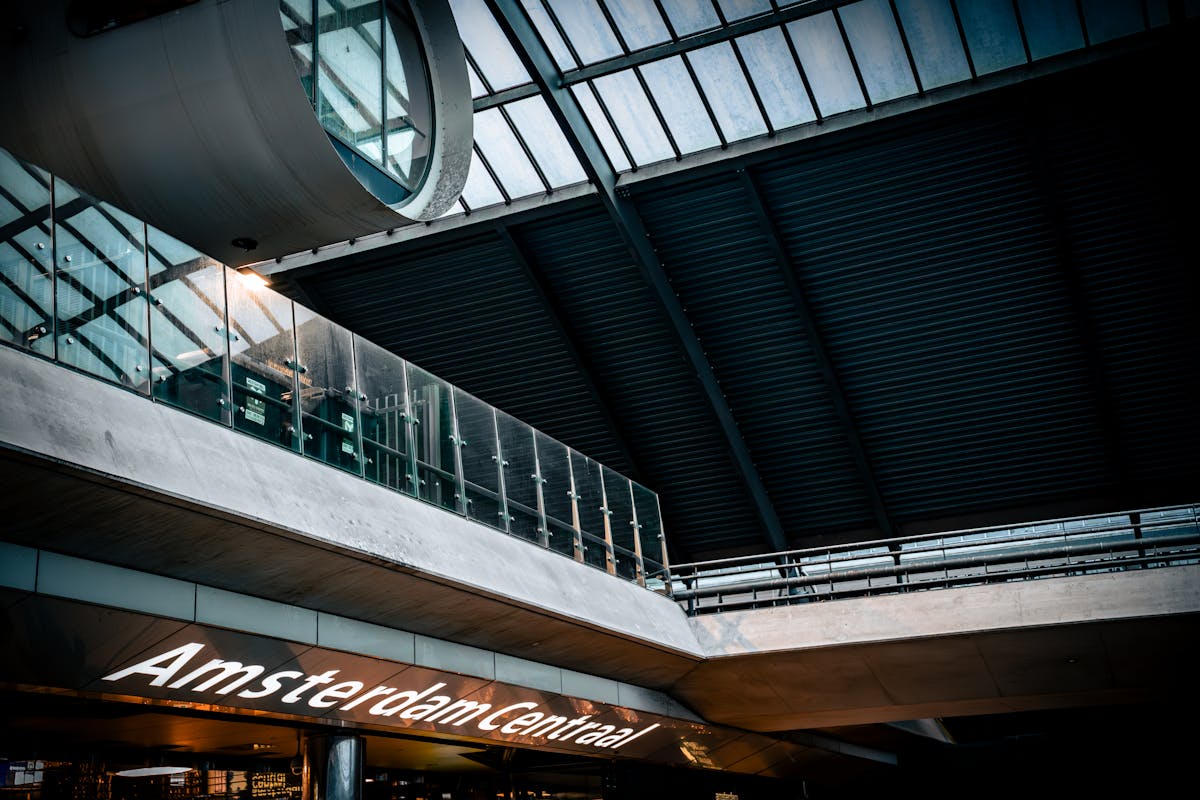 Interior of Amsterdam Centraal Station with modern roof design
