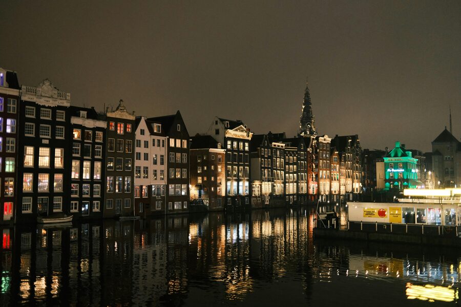 Amsterdam evening canal lights