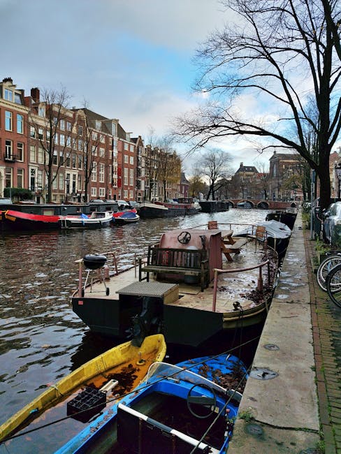 Amsterdam winter canal scene with frost and calm water